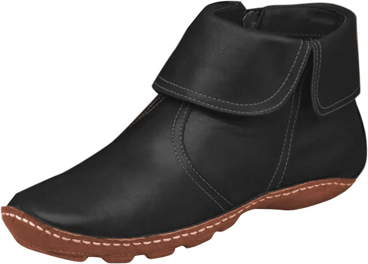 Ankle Boots for Women No Heel Arch Support Boots Side Zipper Flat Heel Booties Vintage Leather Damping Shoes