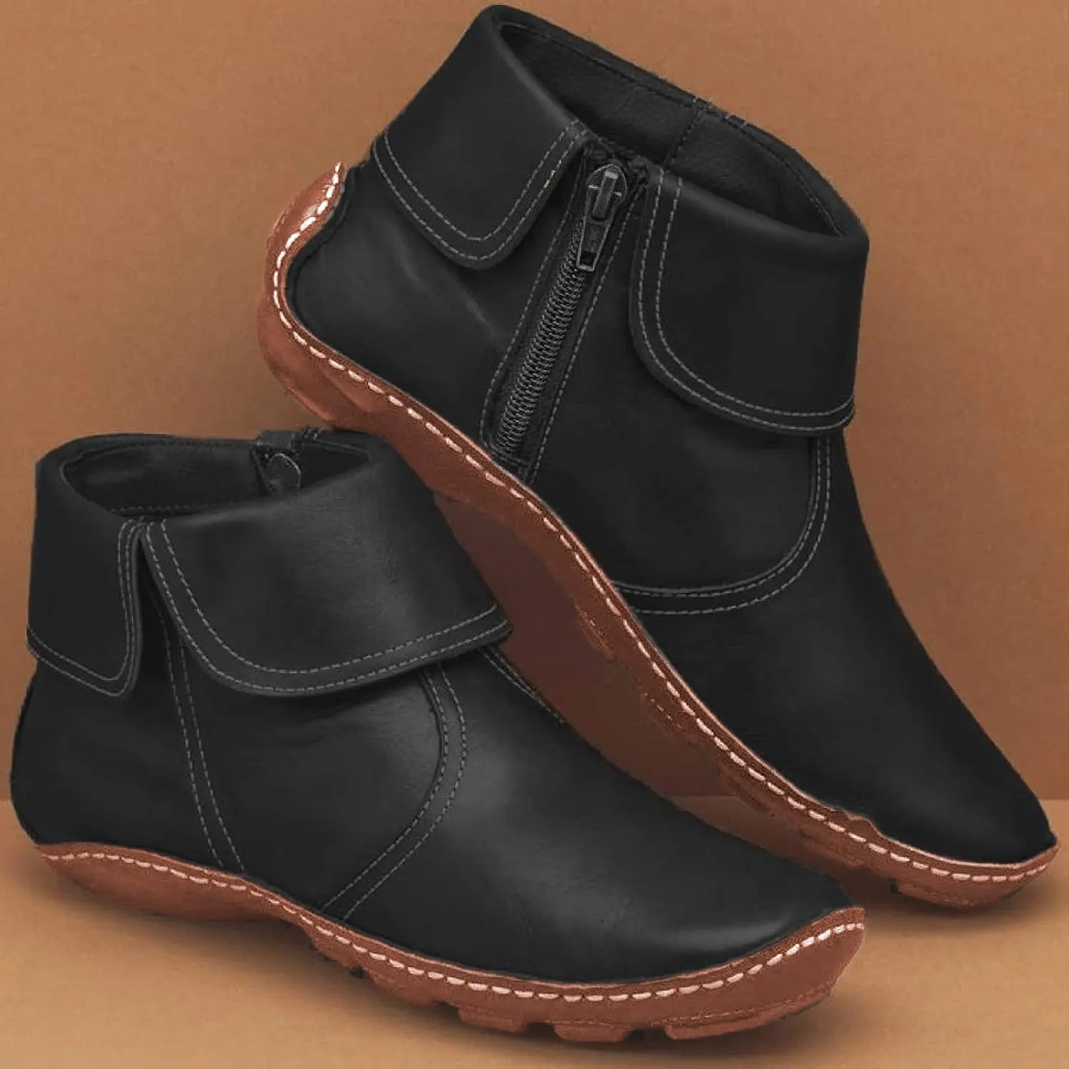Ankle Boots for Women No Heel Arch Support Boots Side Zipper Flat Heel Booties Vintage Leather Damping Shoes