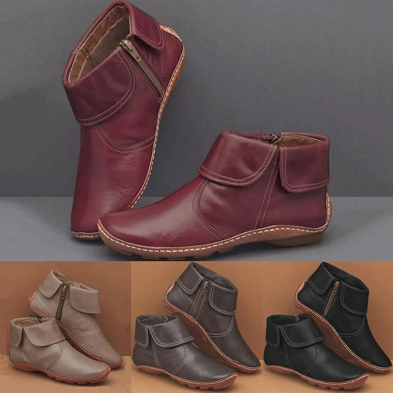 Ankle Boots for Women No Heel Arch Support Boots Side Zipper Flat Heel Booties Vintage Leather Damping Shoes