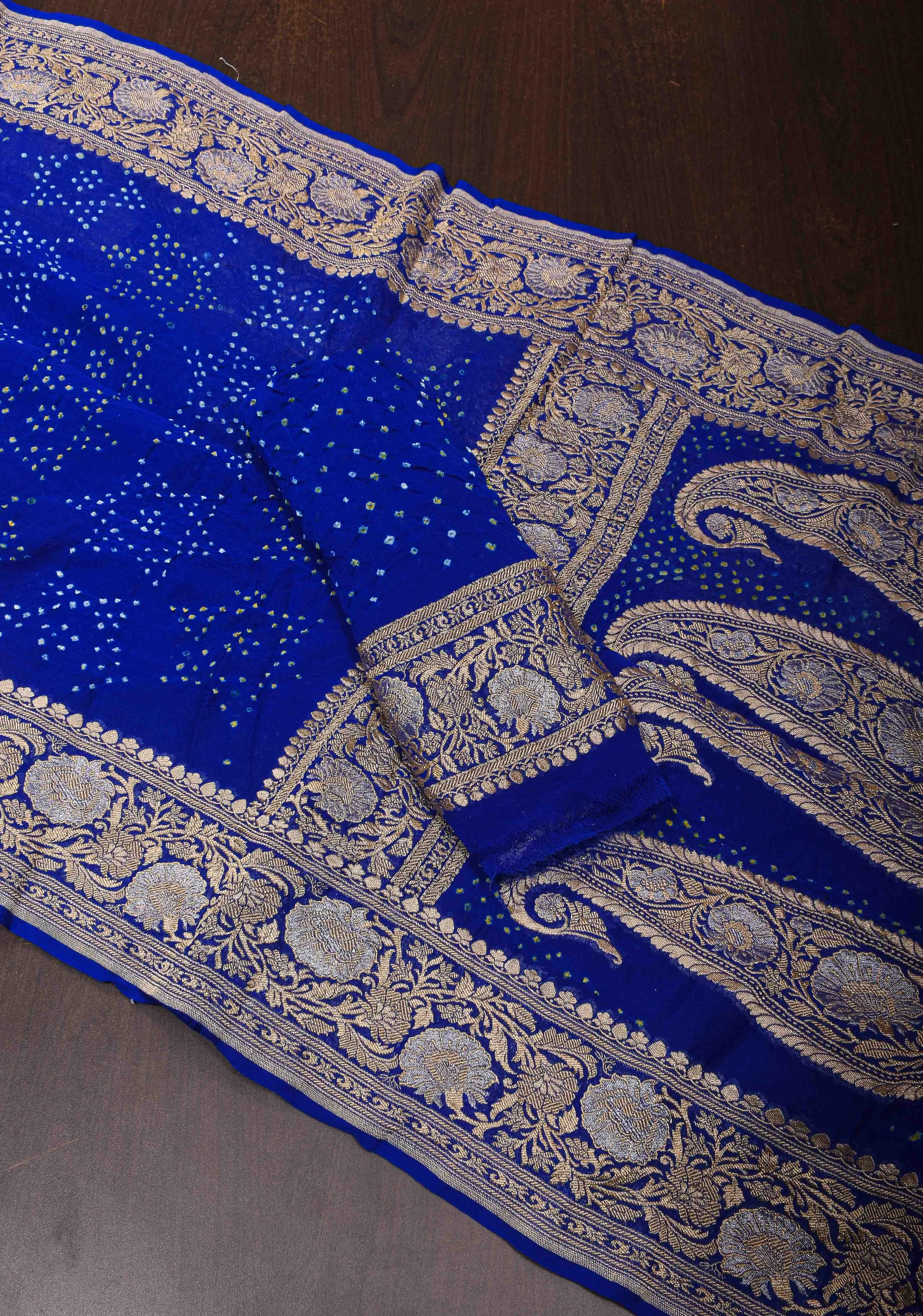 Authentic Sarkam Bandhej Silk Georgette Saree in Blue with Sona Rupa Zari Border | SILK MARK CERTIFIED