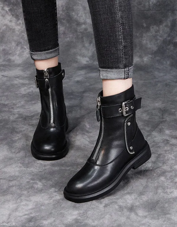 Autumn Winter Leather Zipper Punk Boots Black