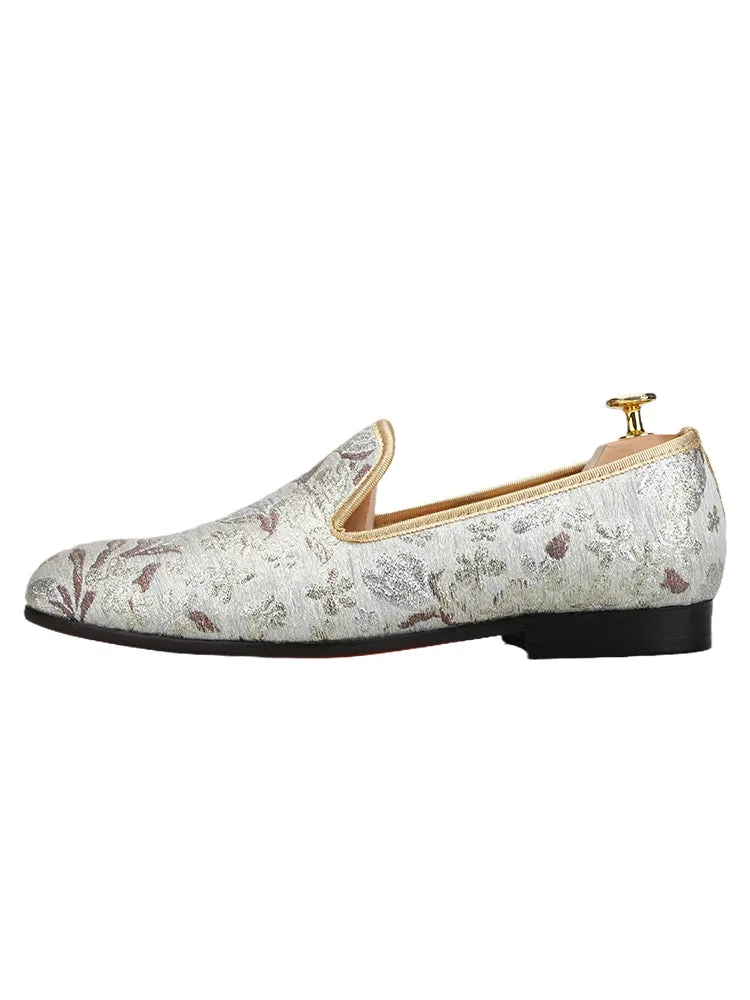 British retro style imported gold brown silver jacquard slip-on men's loafers wedding party formal yuppie shoes
