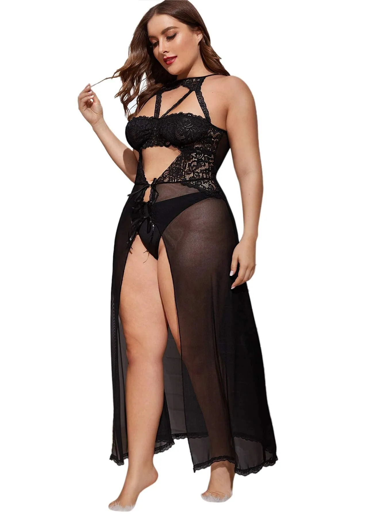 Elegant Maroon Lace Maxi Nightgown