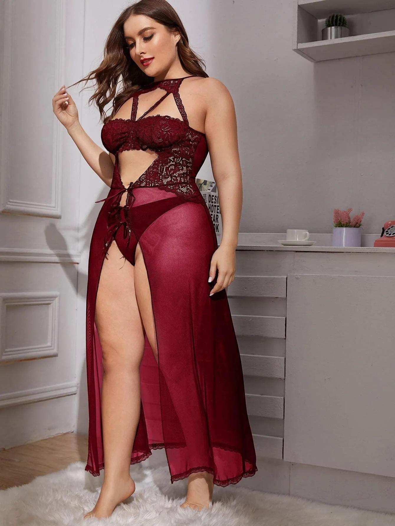 Elegant Maroon Lace Maxi Nightgown