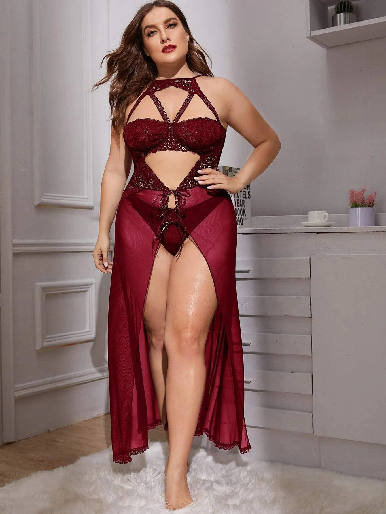 Elegant Maroon Lace Maxi Nightgown