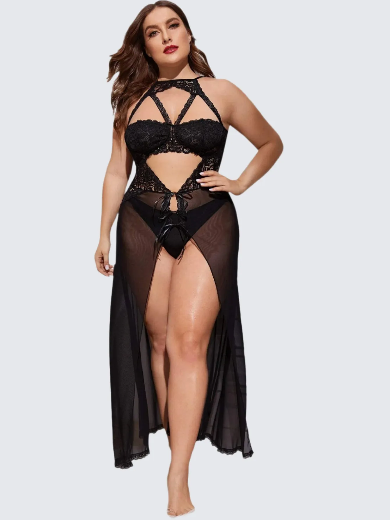 Elegant Maroon Lace Maxi Nightgown