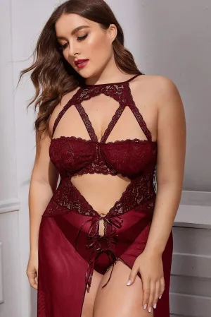 Elegant Maroon Lace Maxi Nightgown