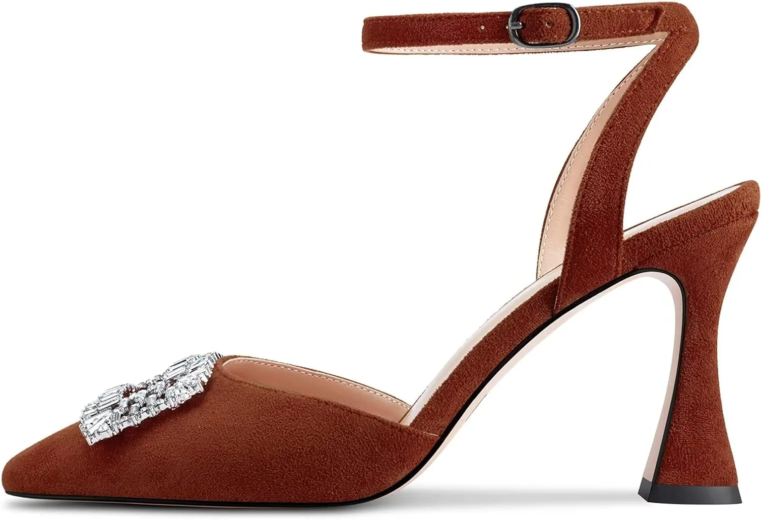HEUIVZAR Women High Chunky Block Heel Pointed Toe Sandals Ankle Strap Diamond Crystal Buckle Wedding Dress Shoes