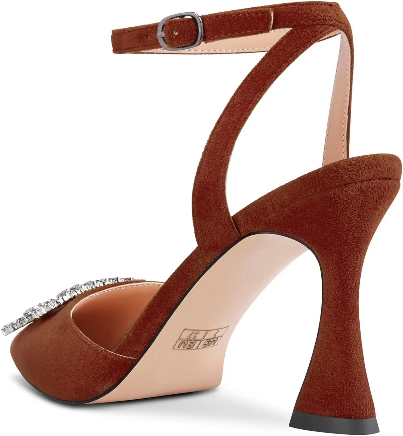 HEUIVZAR Women High Chunky Block Heel Pointed Toe Sandals Ankle Strap Diamond Crystal Buckle Wedding Dress Shoes