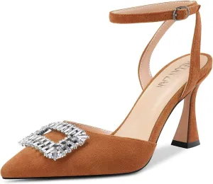 HEUIVZAR Women High Chunky Block Heel Pointed Toe Sandals Ankle Strap Diamond Crystal Buckle Wedding Dress Shoes