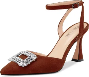 HEUIVZAR Women High Chunky Block Heel Pointed Toe Sandals Ankle Strap Diamond Crystal Buckle Wedding Dress Shoes