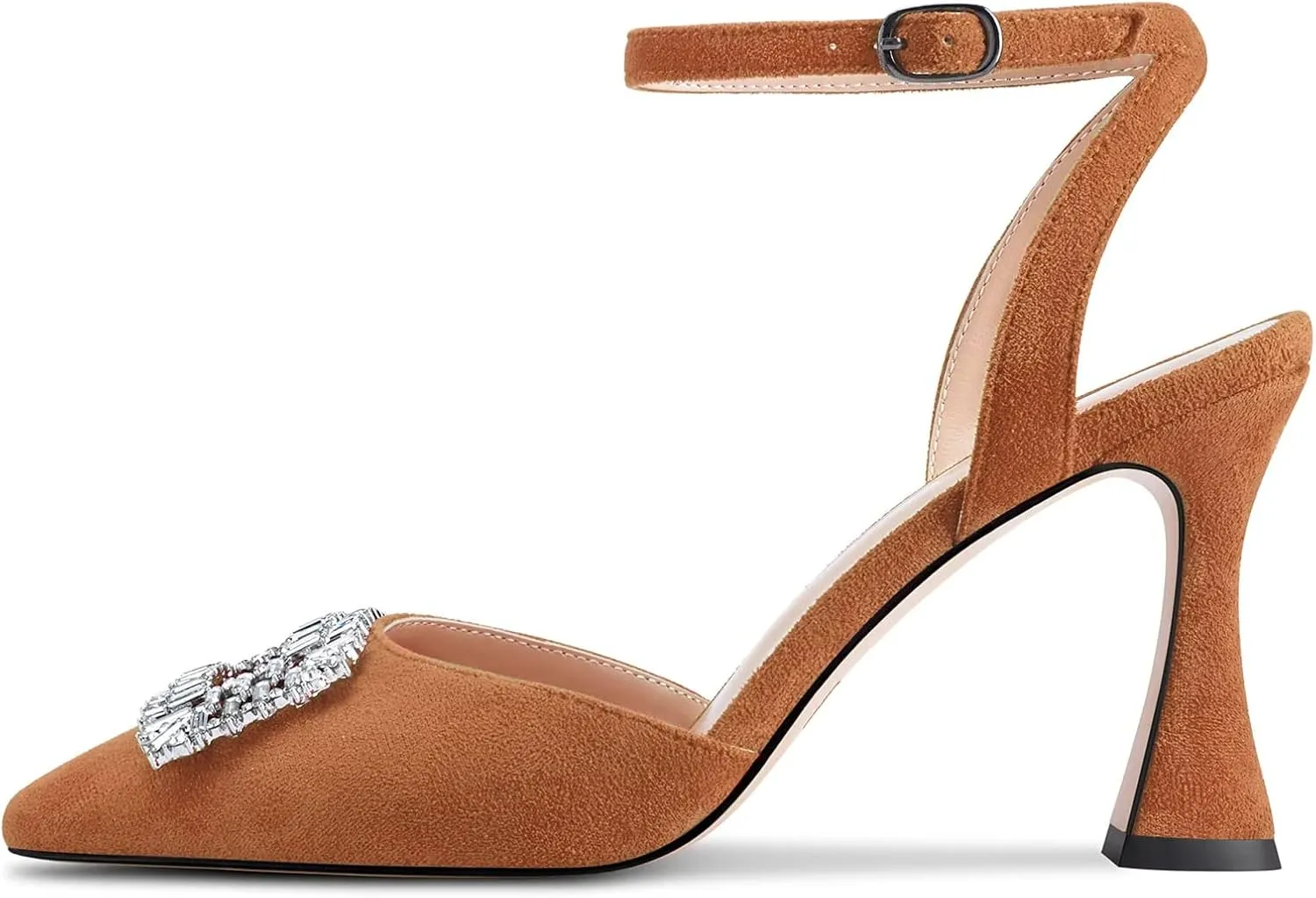 HEUIVZAR Women High Chunky Block Heel Pointed Toe Sandals Ankle Strap Diamond Crystal Buckle Wedding Dress Shoes