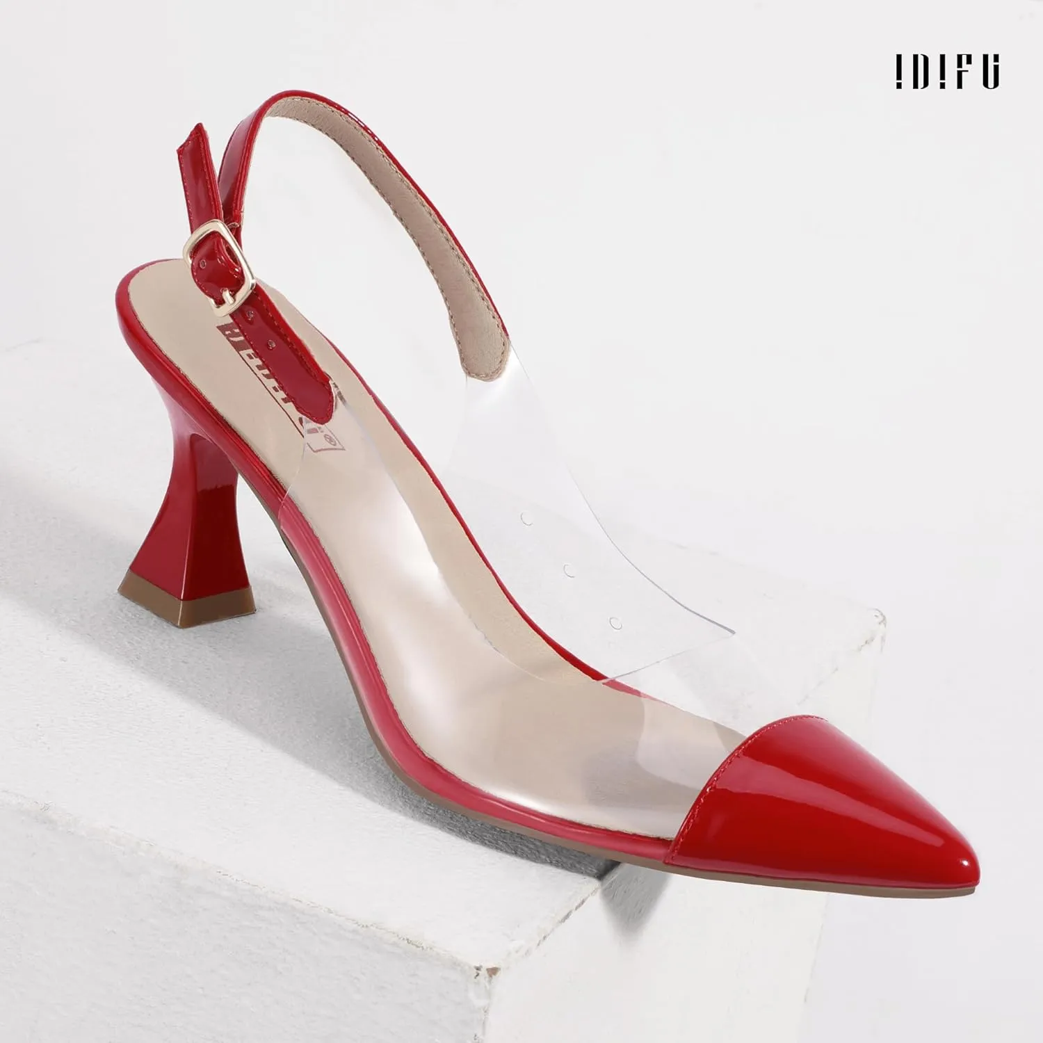 IDIFU IN3 Clear Kitten Heels Women's Pumps Closed Pointed Toe Slingback Low Short Heels Dress Shoes for Women Wedding Bridal Bridesmaid Prom Party Sexy Dressy Cute Trendy Pumps Shoes