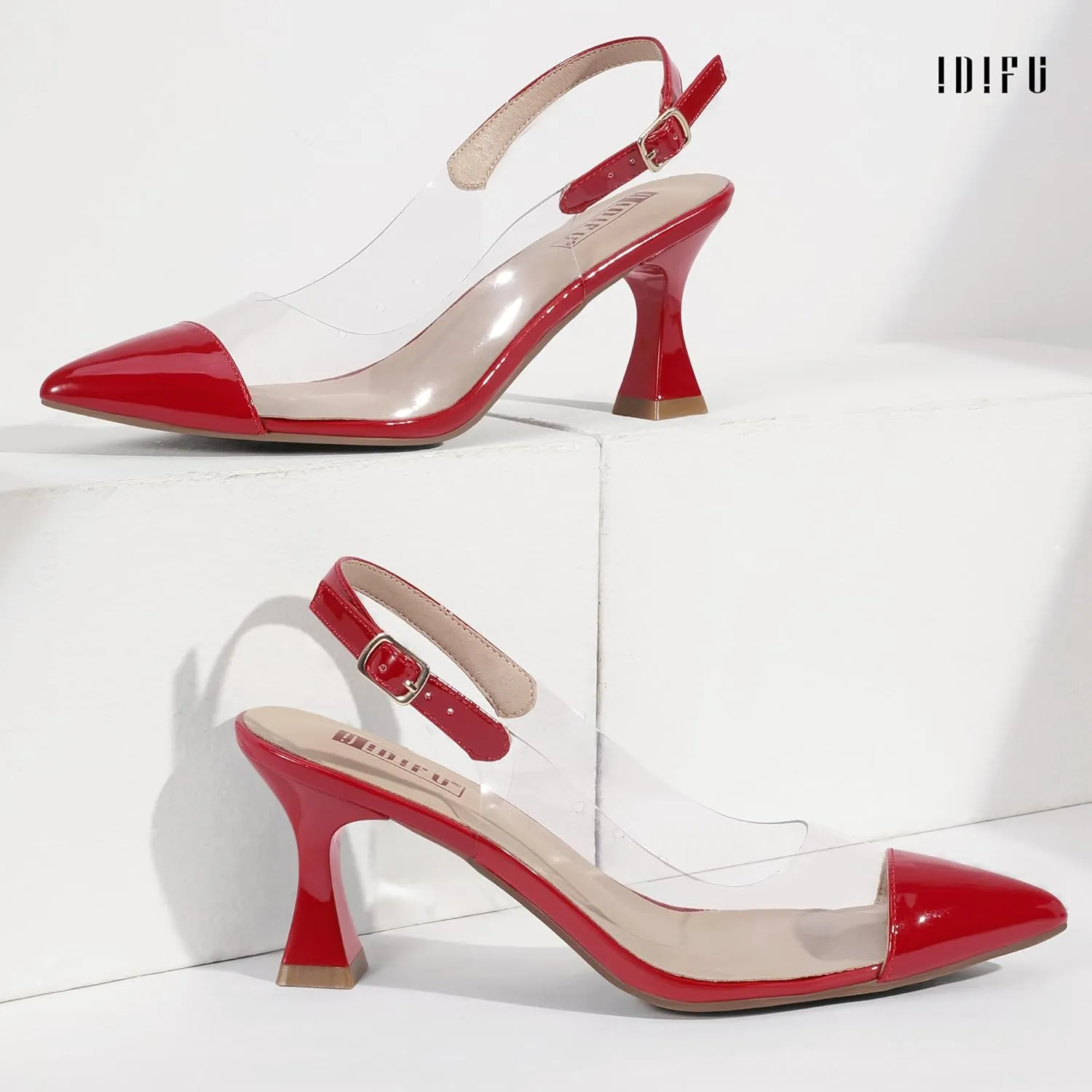 IDIFU IN3 Clear Kitten Heels Women's Pumps Closed Pointed Toe Slingback Low Short Heels Dress Shoes for Women Wedding Bridal Bridesmaid Prom Party Sexy Dressy Cute Trendy Pumps Shoes