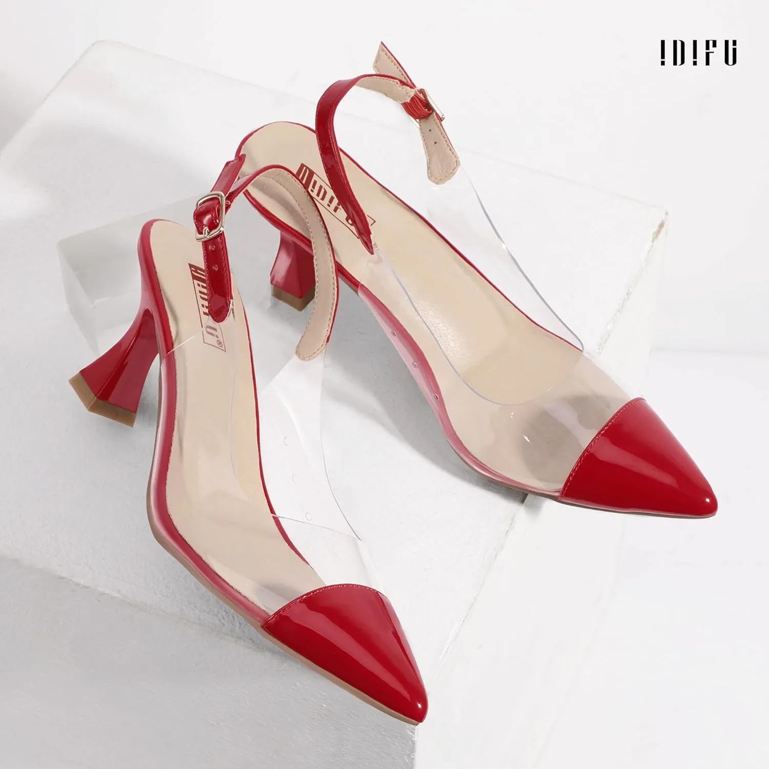 IDIFU IN3 Clear Kitten Heels Women's Pumps Closed Pointed Toe Slingback Low Short Heels Dress Shoes for Women Wedding Bridal Bridesmaid Prom Party Sexy Dressy Cute Trendy Pumps Shoes