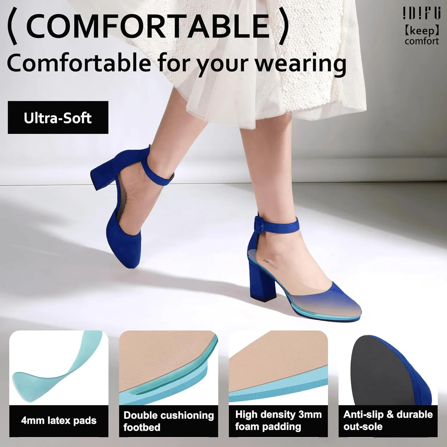 IDIFU IN3 Women's Chunky Block Heels Dress Shoes for Women - Dressy Wedding Bridal Prom Shoes - Pointed Toe Ankle Strap Comfortable Short Thick Heels