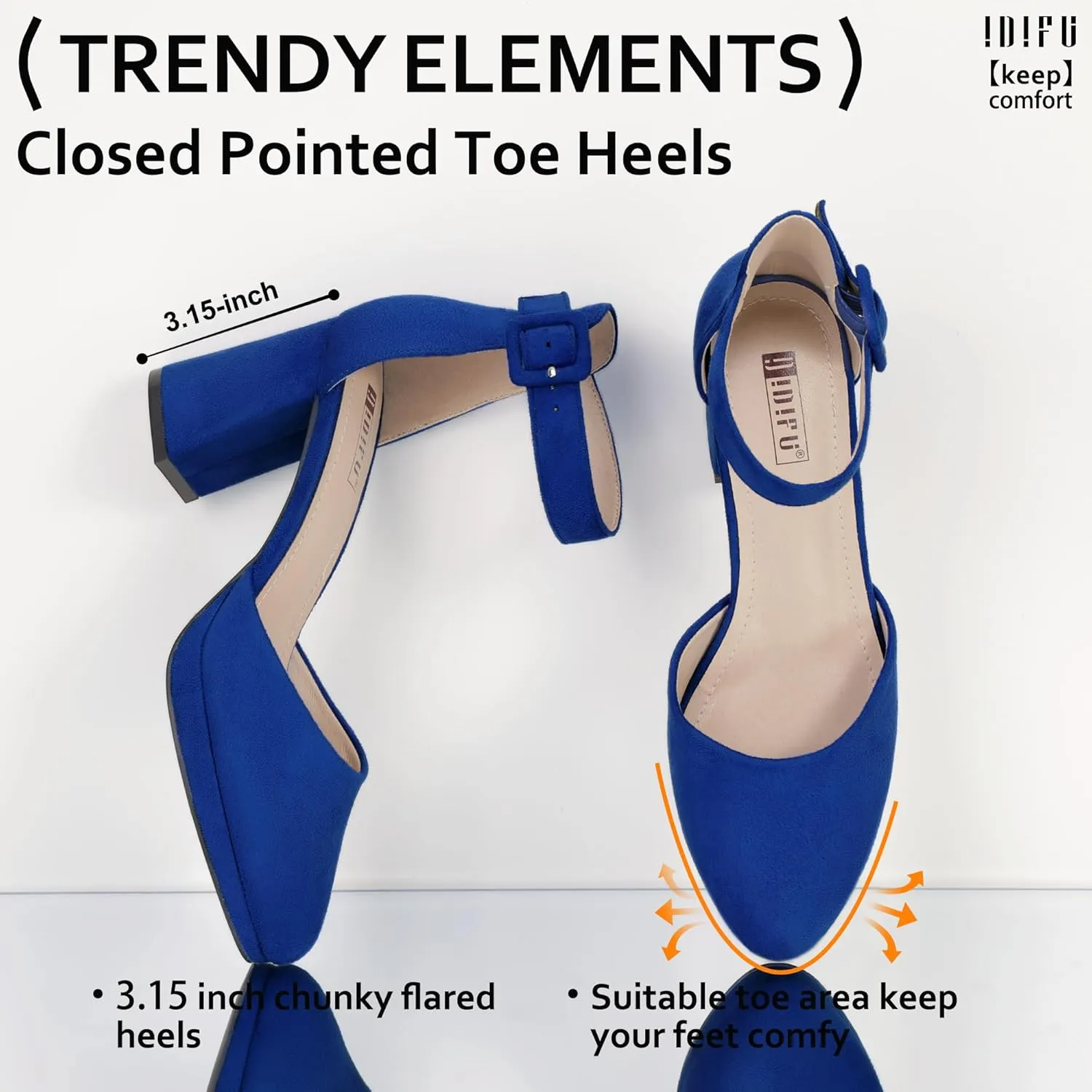 IDIFU IN3 Women's Chunky Block Heels Dress Shoes for Women - Dressy Wedding Bridal Prom Shoes - Pointed Toe Ankle Strap Comfortable Short Thick Heels