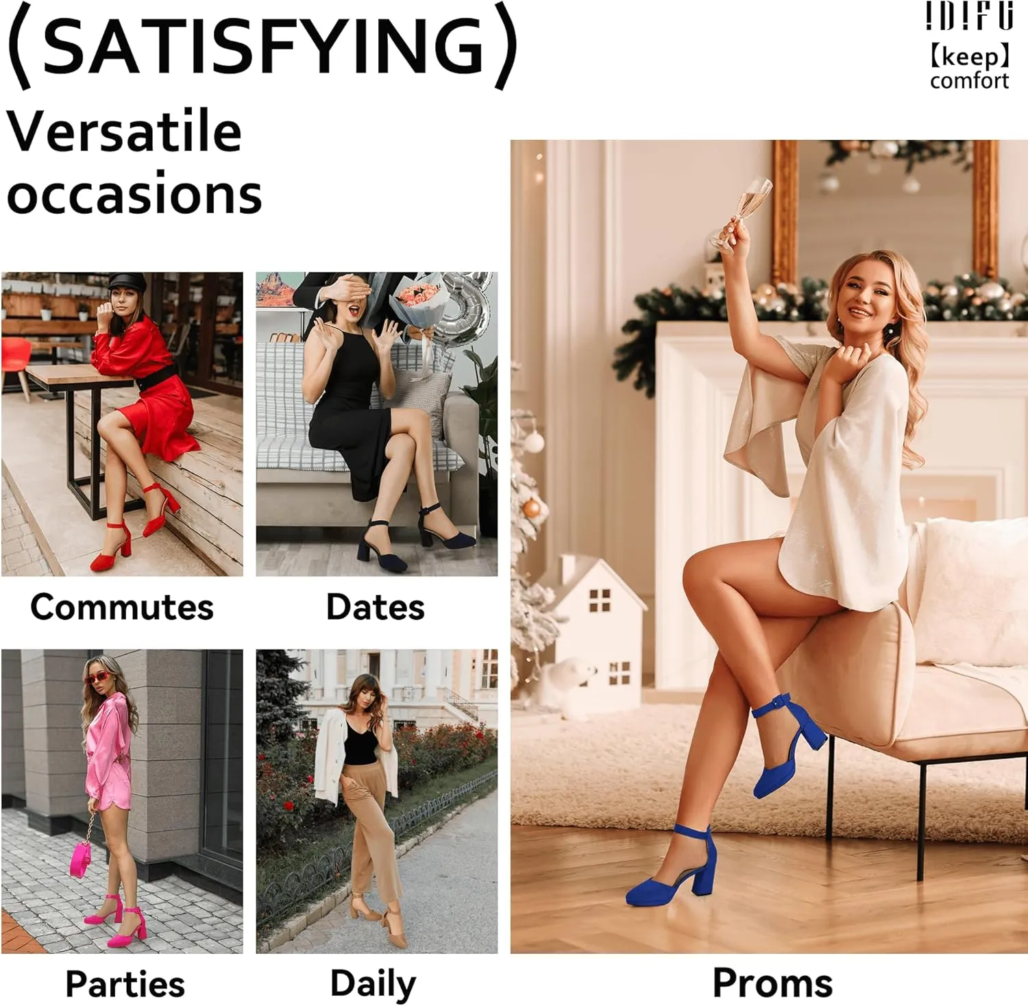 IDIFU IN3 Women's Chunky Block Heels Dress Shoes for Women - Dressy Wedding Bridal Prom Shoes - Pointed Toe Ankle Strap Comfortable Short Thick Heels