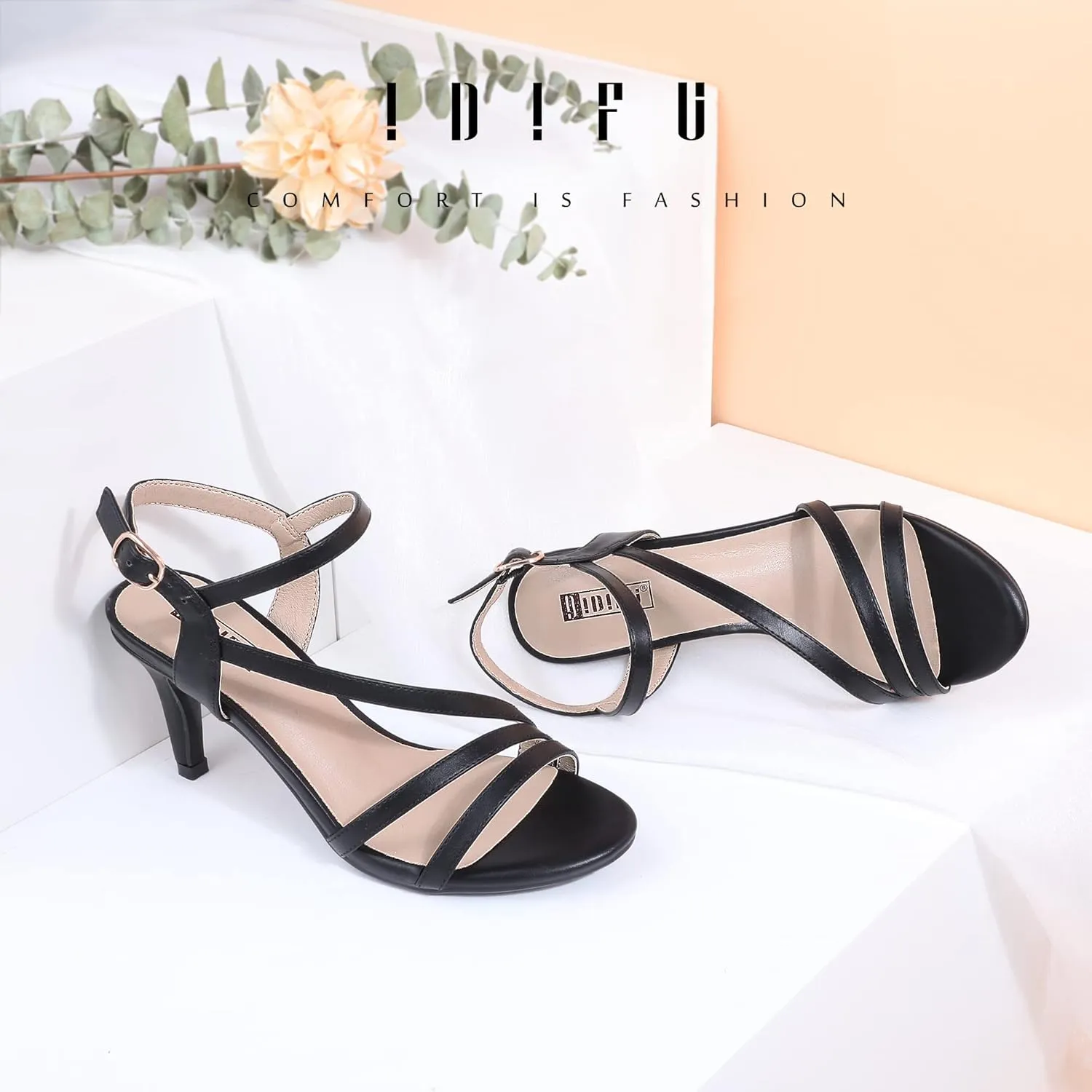 IDIFU Women's Black Nude White Silver Heels for Women Dress Kitten Heels Strappy Open Toe Heels Sandals Wedding Evening Party Shoes for Women Ladies Bridal