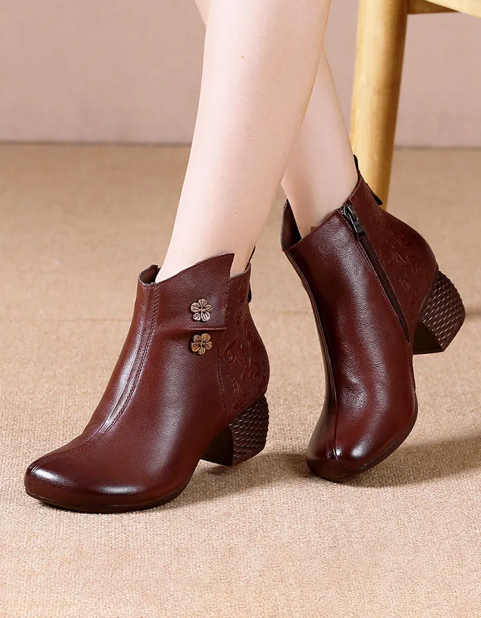 Irregular Embossed Retro Chunky Heel Boots