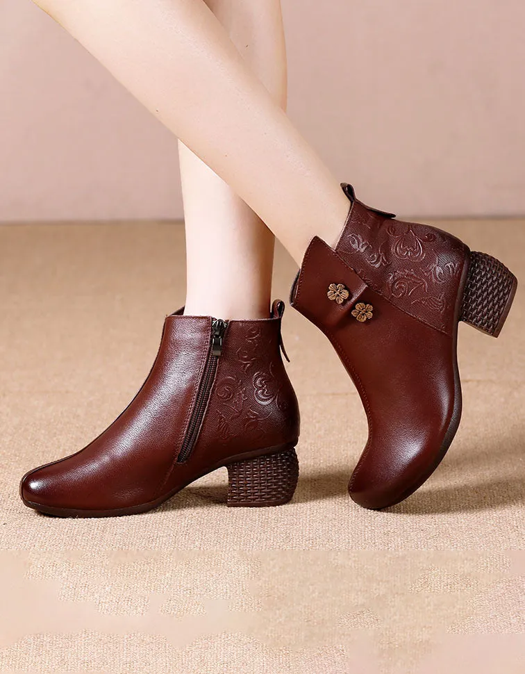 Irregular Embossed Retro Chunky Heel Boots