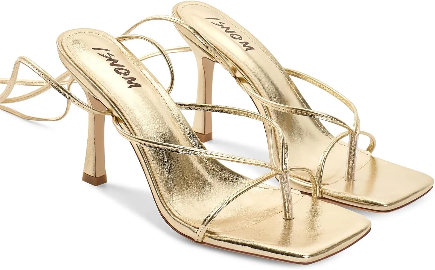 ISNOM Lace Up Heels Sandals for Women, Square Toe, Open Toe Thong, Stiletto Heels Design
