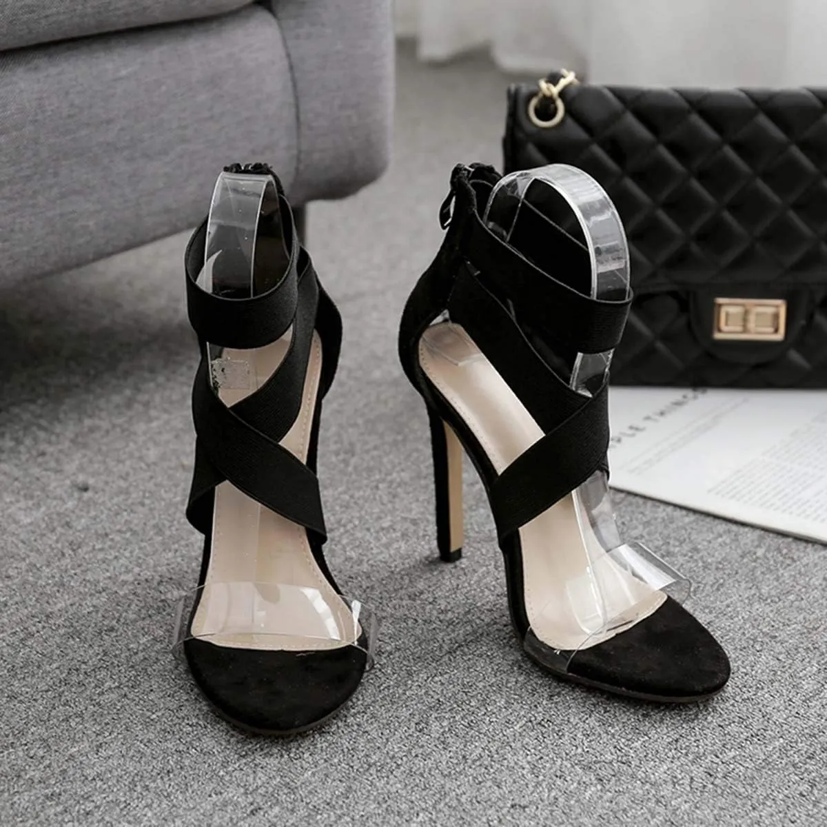 JOEupin Womens High Heels Sandals Ankle Strappy Clear Chunky Heels Dress Party Pumps Shoes