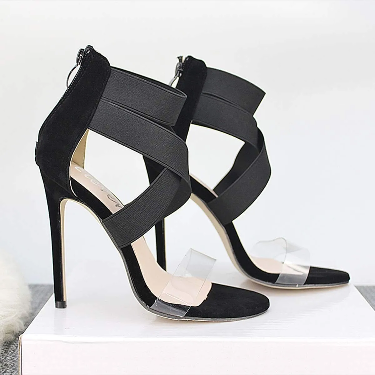JOEupin Womens High Heels Sandals Ankle Strappy Clear Chunky Heels Dress Party Pumps Shoes