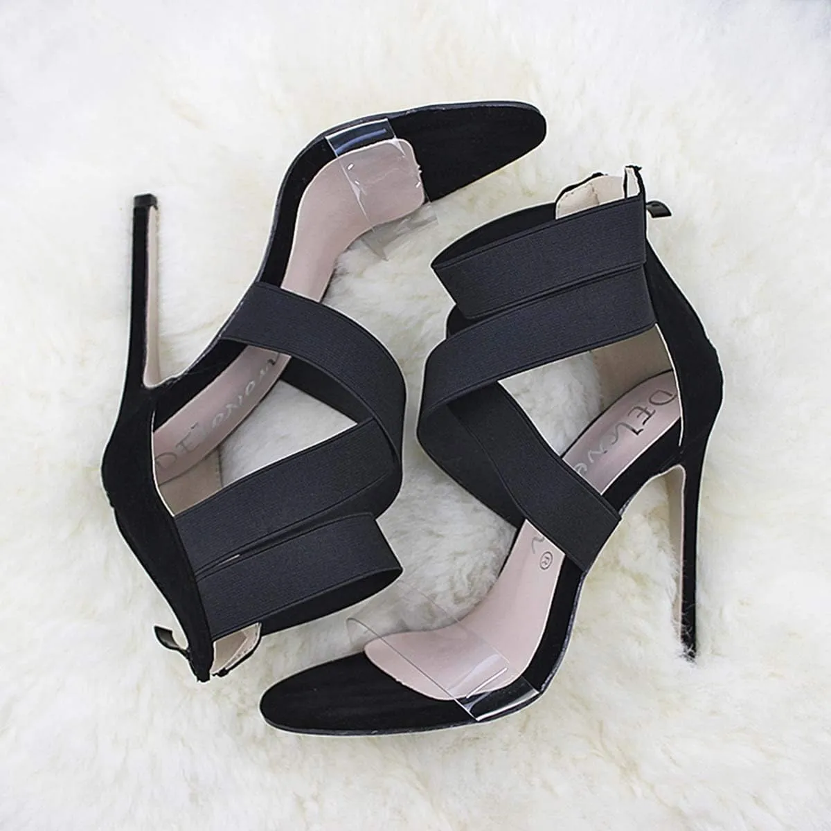 JOEupin Womens High Heels Sandals Ankle Strappy Clear Chunky Heels Dress Party Pumps Shoes