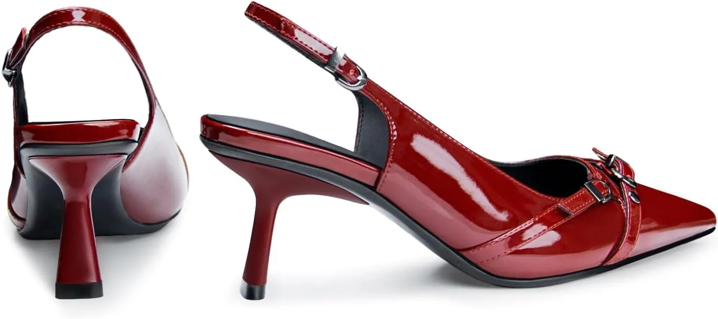 Kitten Heels for Women Closed Pointed Toe Heels Patent Leather Low Heel Slingback Dress Shoes Feature Adjustable Buckle for Date Party Work Office Comfortable Sexy Pumps Shoes