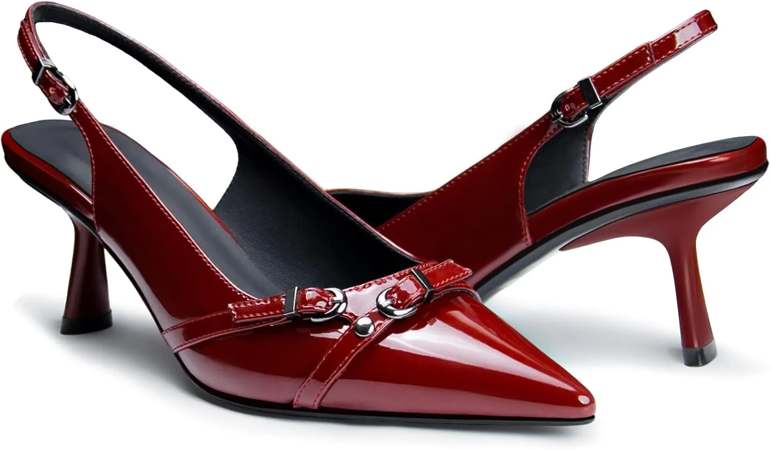 Kitten Heels for Women Closed Pointed Toe Heels Patent Leather Low Heel Slingback Dress Shoes Feature Adjustable Buckle for Date Party Work Office Comfortable Sexy Pumps Shoes