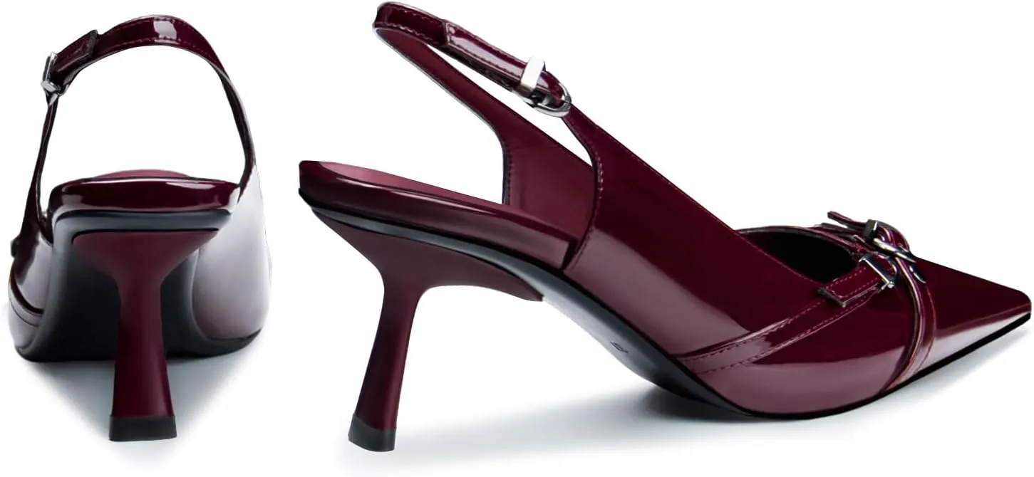 Kitten Heels for Women Closed Pointed Toe Heels Patent Leather Low Heel Slingback Dress Shoes Feature Adjustable Buckle for Date Party Work Office Comfortable Sexy Pumps Shoes