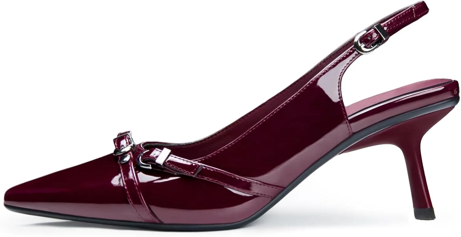 Kitten Heels for Women Closed Pointed Toe Heels Patent Leather Low Heel Slingback Dress Shoes Feature Adjustable Buckle for Date Party Work Office Comfortable Sexy Pumps Shoes