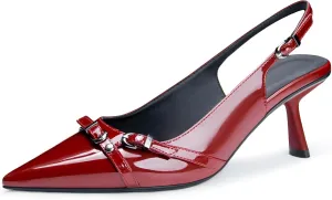 Kitten Heels for Women Closed Pointed Toe Heels Patent Leather Low Heel Slingback Dress Shoes Feature Adjustable Buckle for Date Party Work Office Comfortable Sexy Pumps Shoes