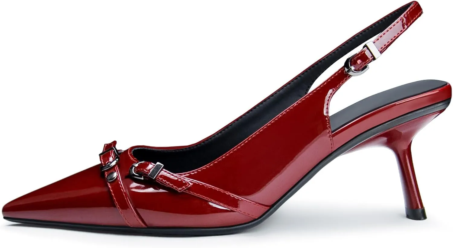 Kitten Heels for Women Closed Pointed Toe Heels Patent Leather Low Heel Slingback Dress Shoes Feature Adjustable Buckle for Date Party Work Office Comfortable Sexy Pumps Shoes