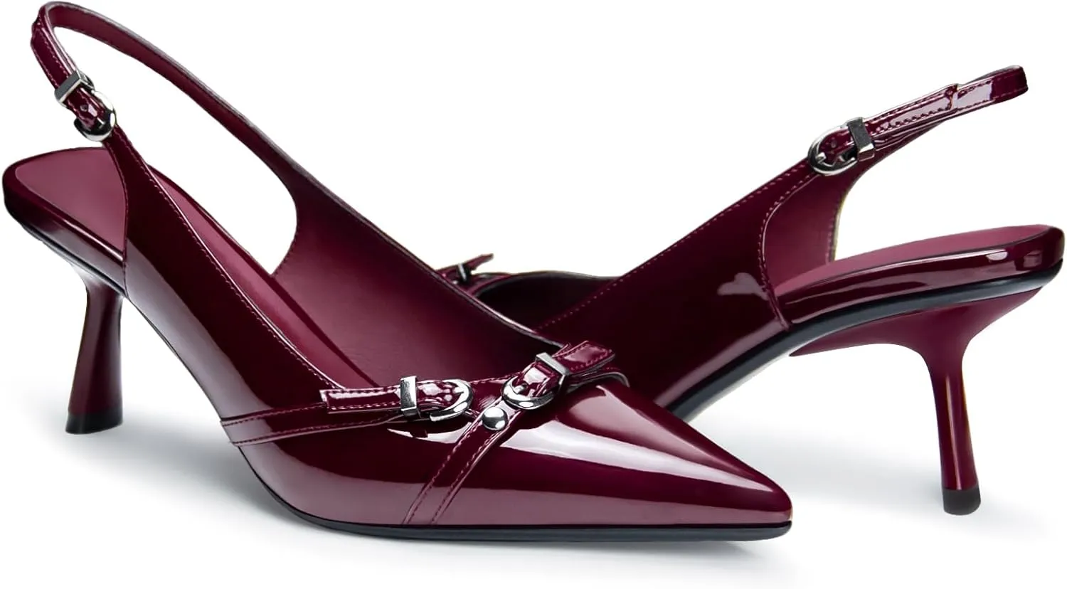 Kitten Heels for Women Closed Pointed Toe Heels Patent Leather Low Heel Slingback Dress Shoes Feature Adjustable Buckle for Date Party Work Office Comfortable Sexy Pumps Shoes