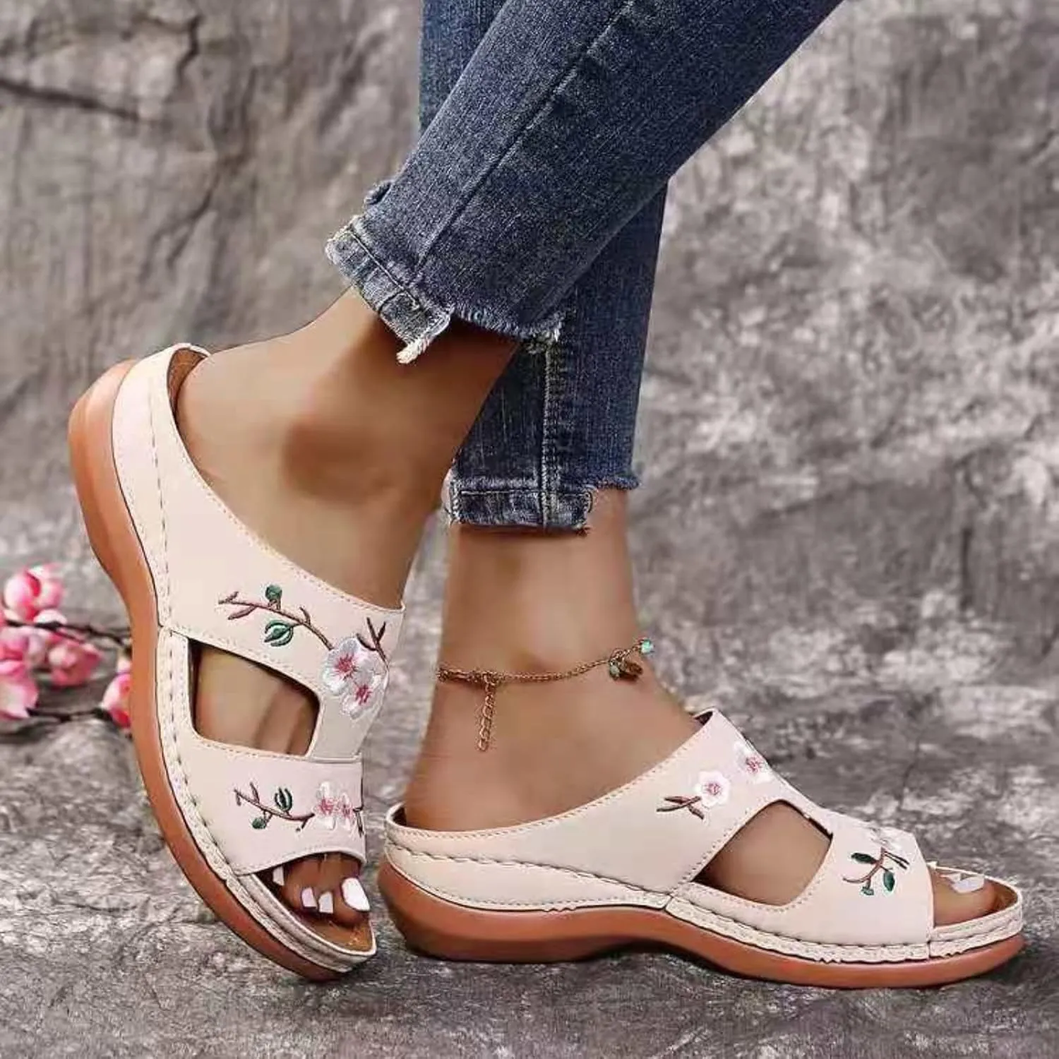 Ladmiple Sandals Women 2023 Fashion Floral Orthopedic Flip Flops with Arch Support Slippers Roman Casual Open Toe Sandal