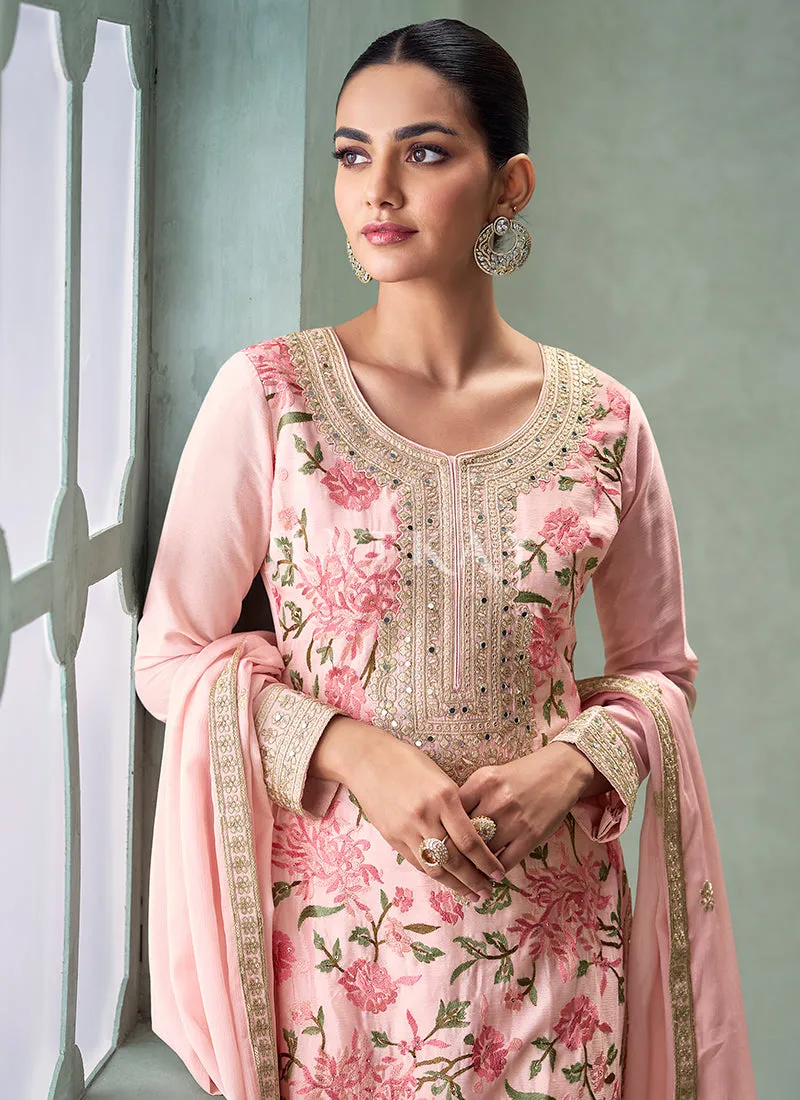 Light Pink Floral Embroidery Palazzo Suit
