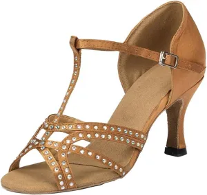 Minishion Women's TH064 T-Strap Peep Toe Satin Wedding Ballroom Latin Taogo Dance Sandals