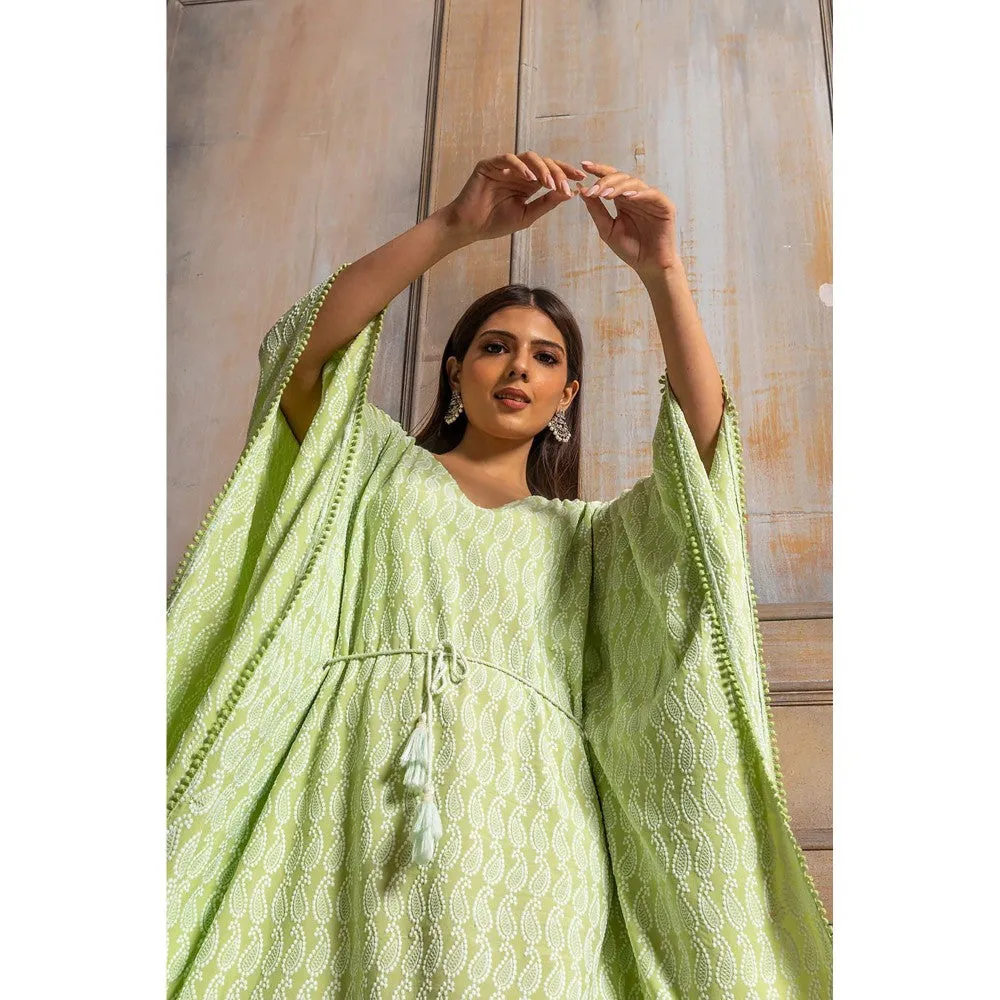 MONK & MEI Ada-Chikankari Pista Green Kaftan Dress