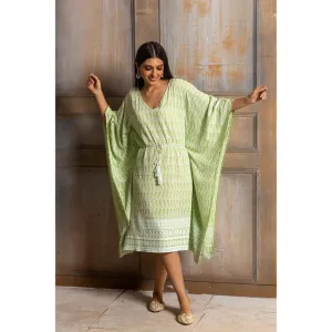 MONK & MEI Ada-Chikankari Pista Green Kaftan Dress