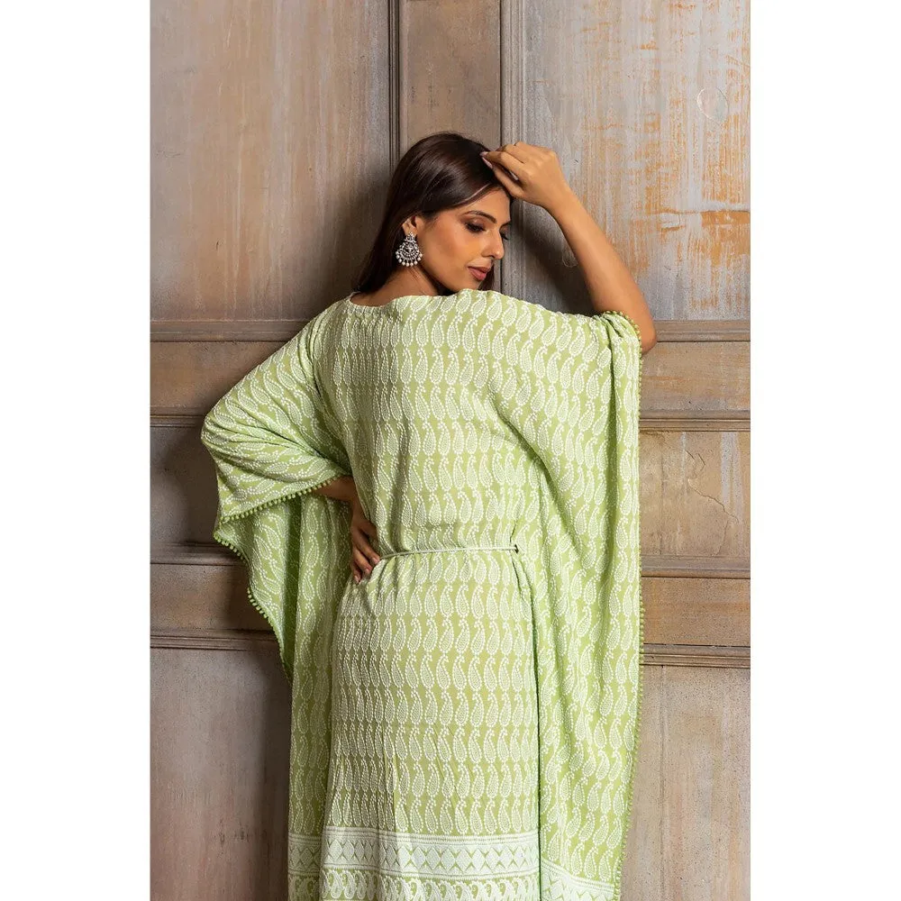 MONK & MEI Ada-Chikankari Pista Green Kaftan Dress