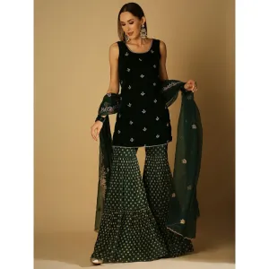 Monk & Mei Cyra-Short Kurta And Sharara With Dupatta-Green (Set Of 3)