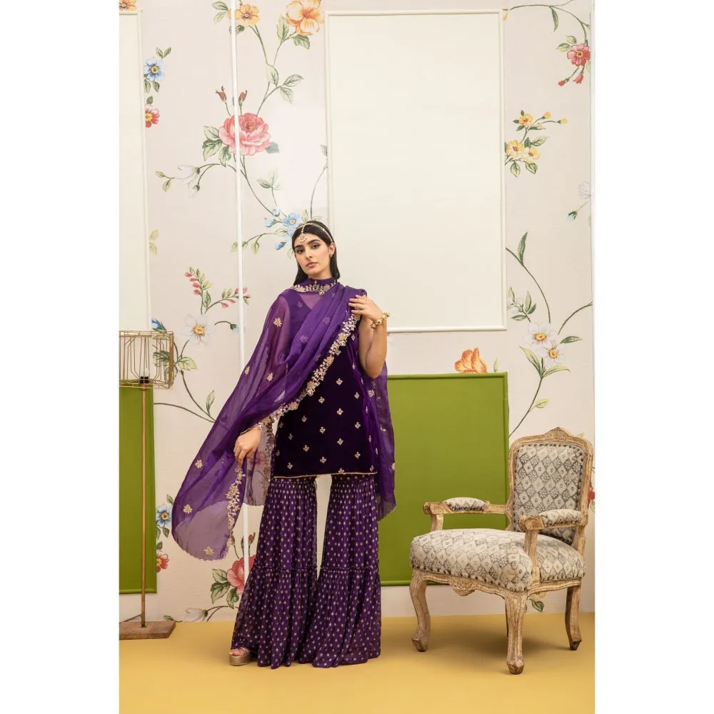 Monk & Mei Cyra-Short Kurta And Sharara With Dupatta-Purple (Set Of 3)