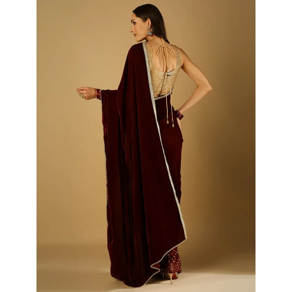 Monk & Mei Sultana-Saree With Stitched Blouse- Maroon