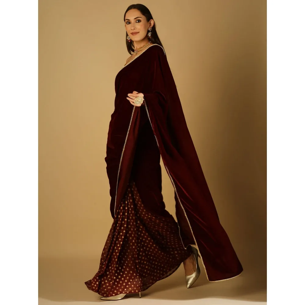 Monk & Mei Sultana-Saree With Stitched Blouse- Maroon