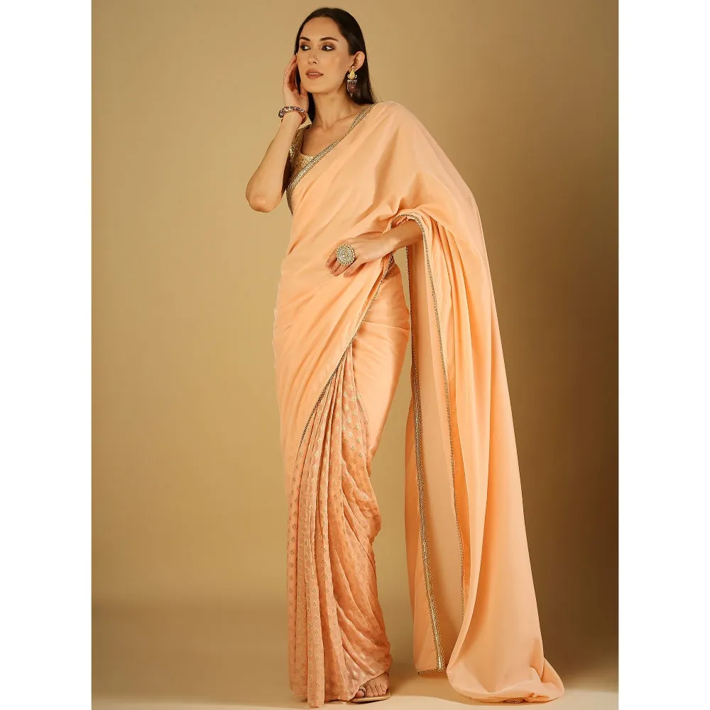 Monk & Mei Sultana-Saree With Stitched Blouse-Peach Pink