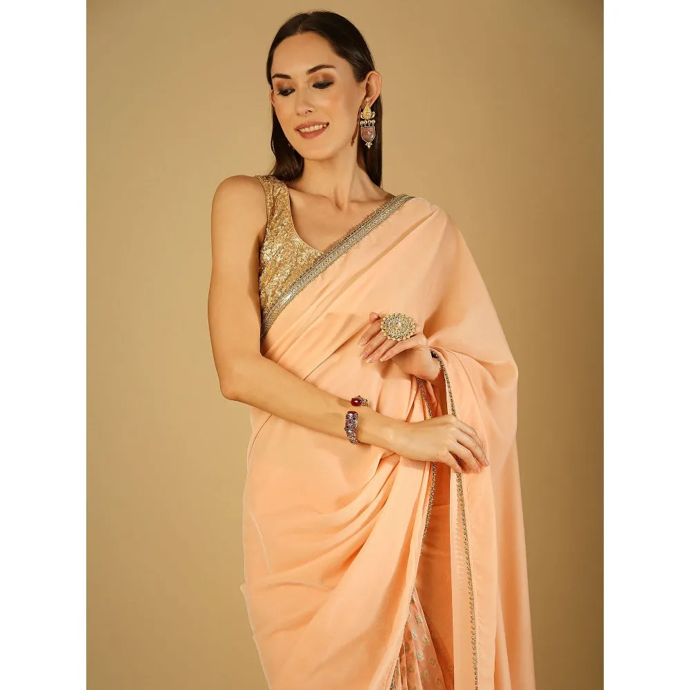 Monk & Mei Sultana-Saree With Stitched Blouse-Peach Pink
