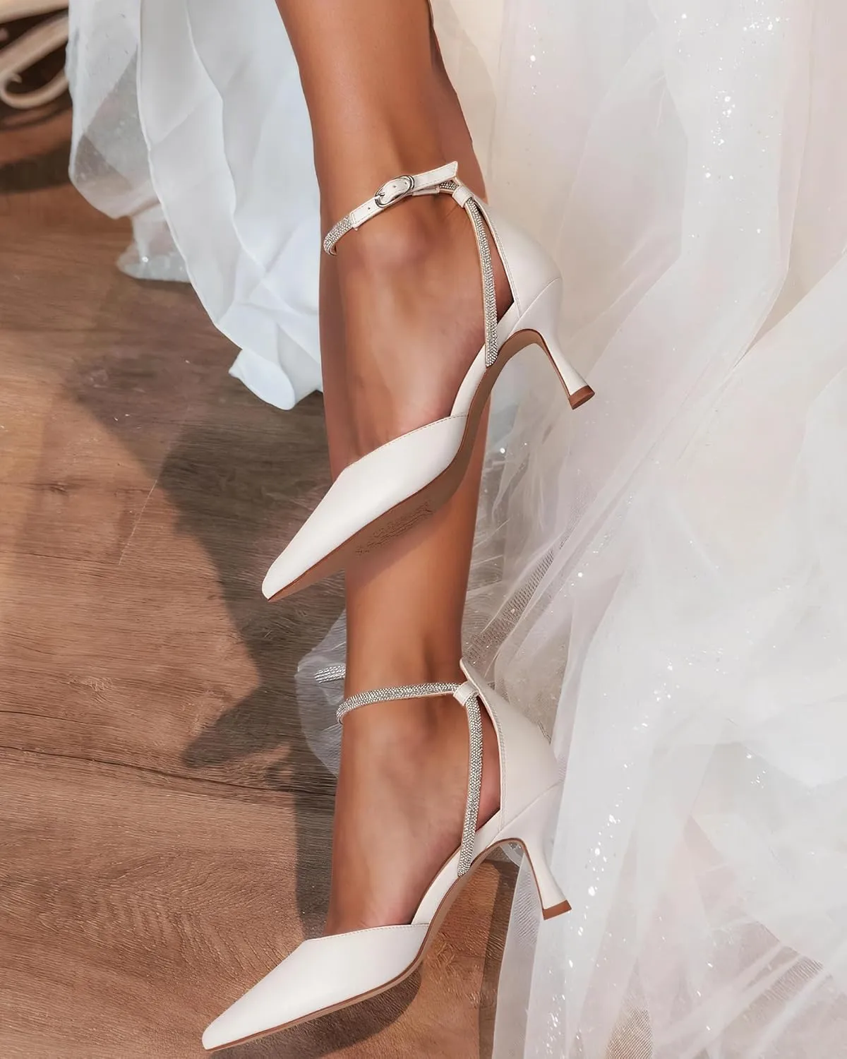 MUCCCUTE Kitten Heels for Women Closed Pointed Toe Heels Rhinestone Ankle Strap Elegant Comfortable Dressy Wedding Party Work Pumps