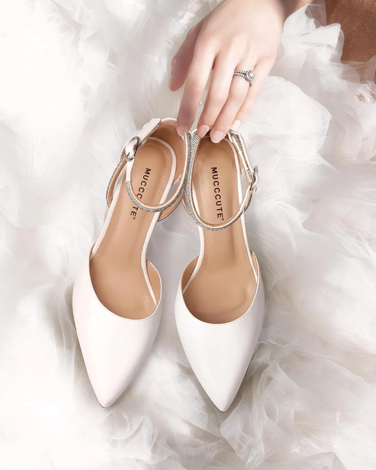 MUCCCUTE Kitten Heels for Women Closed Pointed Toe Heels Rhinestone Ankle Strap Elegant Comfortable Dressy Wedding Party Work Pumps